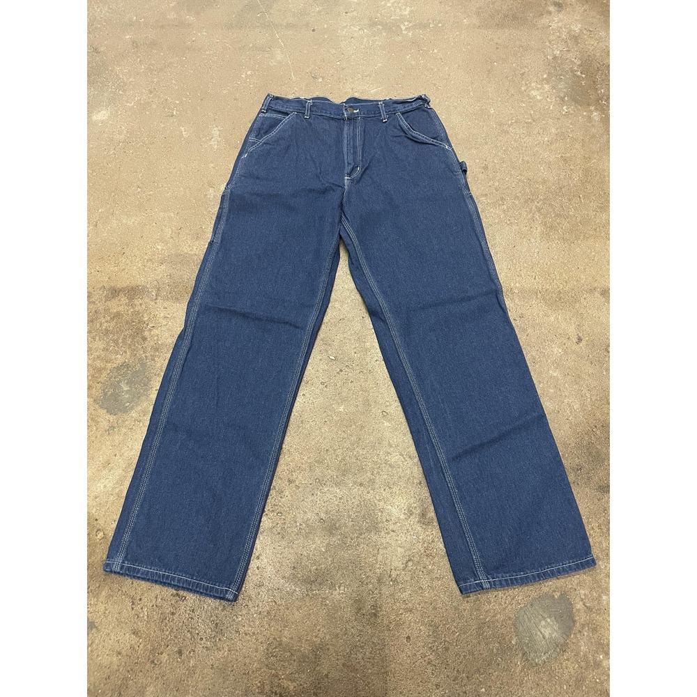 Carhartt Jeans Mens 34x34 Blue Washed Denim Work Dungaree Carpenter Made USA